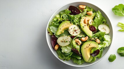Fresh green salad with avocado, cashews, and apple in white bowl on white background