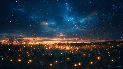 Field of grass under a dreamy night sky with shooting stars and glowing elements