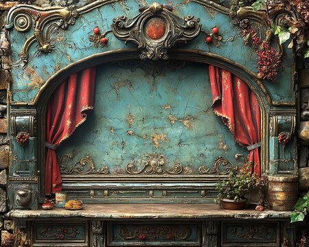 Antique puppet stage, rustic backdrop