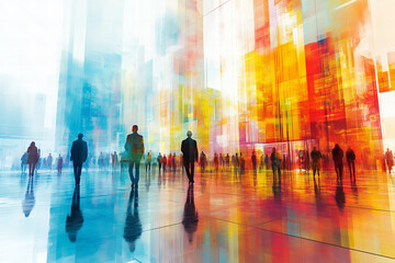 Abstract Urban Scene Vibrant Crowd Walking on Colorful City Street