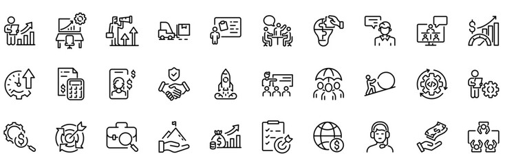 Business Process web line icon. Set of 30 outline icons related to business process, progress, strategy, analysis, planning, management, improvement and others. Editable stroke. Vector illustration
