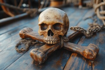 Evocative still life of a weathered skull and crossbones on a wooden surface creating a pirate theme
