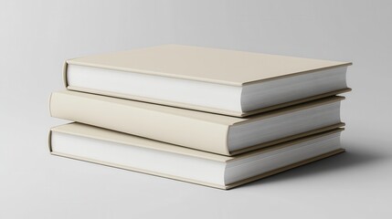 Three blank, neutral-toned hardcovers, their spines adorned with a minimalist design, lay stacked majestically against a pristine white background, offering a perfect canvas for your creative visions