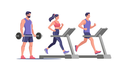 Individuals engaging in various workout activities at a gym, showcasing strength training and cardio exercises during a fitness session. Vector illustration in a minimalistic style.