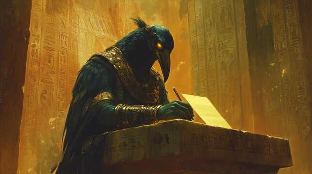 Egyptian Thoth Deity Writing on Papyrus with Hieroglyphs Depicting Ancient Scribe Action