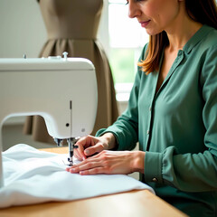 Dressmaker woman, sewing white fabric on sewing machine. Seamstress sewing.