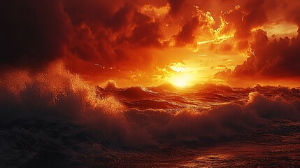 Naklejka premium Vibrant orange and red sunset over a calm ocean with clouds reflecting the colors