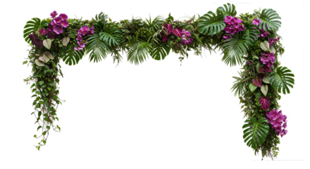 Tropical floral arch with lush green leaves, tropic border, purple flowers, hanging vines and ivy , isolated on white. PNG, cutout, or clipping path.