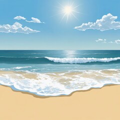 Sandy beach with soft waves and blue sky