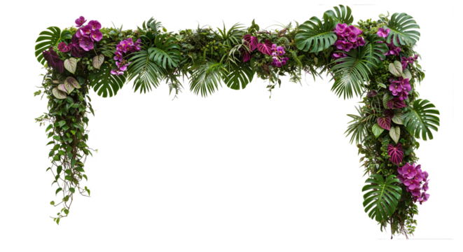 Tropical floral arch with lush green leaves, tropic border, purple flowers, hanging vines and ivy , isolated on white. PNG, cutout, or clipping path.