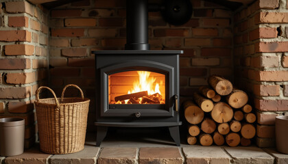 Cozy wood-burning stove glowing in rustic home, warmth and comfort