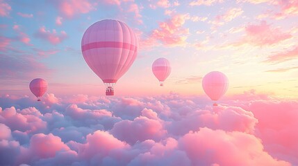 Fototapeta premium Hot air balloons rising in the sky during a colorful pastel sunrise at dawn