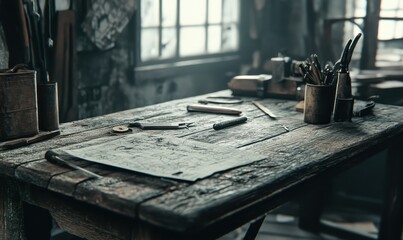 Rustic table covered in old tools and woodwork, telling a story of craftsmanship and tradition .