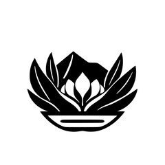 Black and White Lotus Design: Symbolic depiction of a flower, mountain, and water, blending nature.