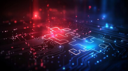Obraz premium Floating digital puzzle pieces that fit together, set against a vibrant, technology-themed background with luminous circuits, showcasing API interoperability