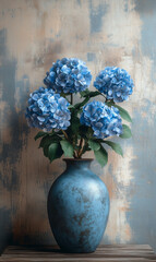 Blue Hydrangeas in a Rustic Blue Vase Against a Textured Wall