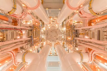 Overhead View of a Modern High-Tech Data Center Featuring Organized Cables and Glowing LED Lights