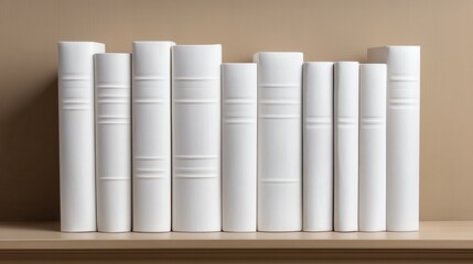 A meticulously arranged row of white hardcover books stands proudly on a warm, light brown wooden shelf against a backdrop of the same hue, exuding an air of sophistication and academic elegance.