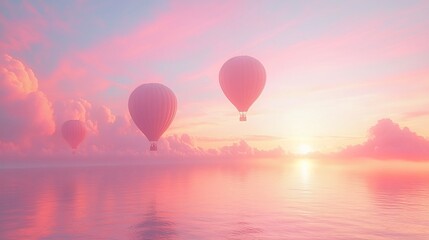 Obraz premium Three hot air balloons floating in a pastel sunrise sky with clouds and warm colors