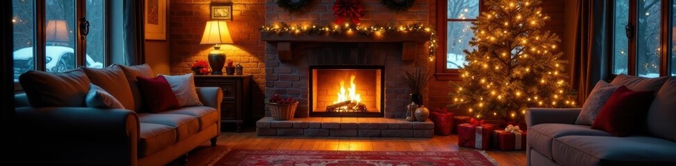 Cozy living room, decorated fireplace & Christmas tree , winter wonderland, holiday decor