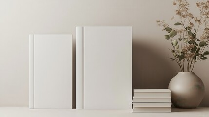 A sleek, minimalist mockup showcases three pristine hardcover books, their covers blank and ready to be personalized. They stand in a dynamic composition, some stacked vertically, others upright,