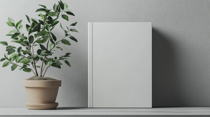 A minimalist mockup showcases a pristine white hardcover book, its blank pages whispering tales of untold stories. A verdant plant in a simple terracotta pot stands sentinel beside it, adding a touch