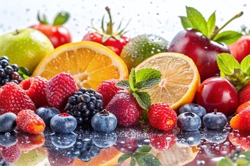 Juicy Fresh Fruits Splashing Water Droplets - Summer Refreshment Stock Photo