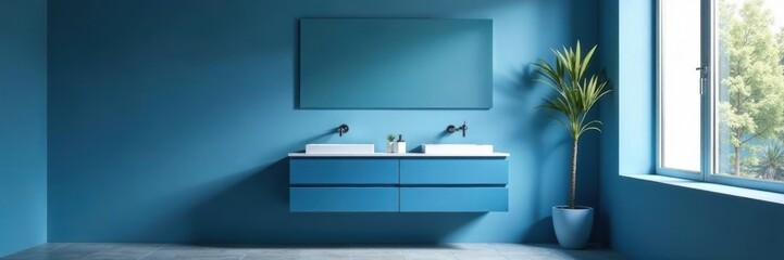 Sleek blue double vanity, modern fixtures, minimalist design, chrome, faucet, toilet