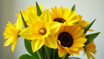Obraz premium Close-up of a bouquet of sunflowers and daffodils with green leaves, bouquet, yellow