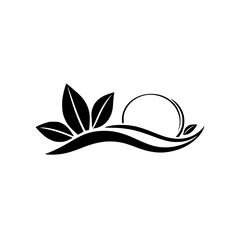 Black and white logo: leaves and sun. Minimalist design.