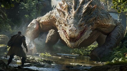 Facing the Colossal Dragon in the Lush Wilderness Awaiting Battle and Challenging Confrontation