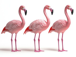 Obraz premium Three elegant pink flamingos standing gracefully on a pristine white background in a studio shot showcasing vibrant colors and intricate feather details