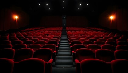 Dark theater interior, empty red velvet seats, symmetrical composition, dramatic lighting, cinematic atmosphere