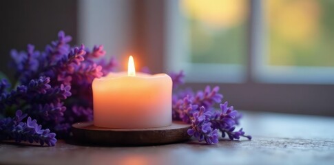 The soft glow of a candle illuminates the delicate fragrance of lavender oil, calming, cozy, warm