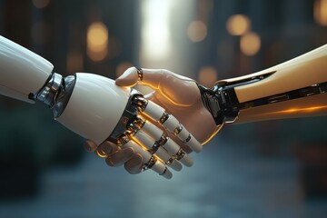 Friendly Robots Shaking Hands with Warm Light and Modern Design