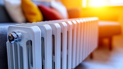 A stylish, contemporary radiator blends perfectly into a living room with a warm, neutral color scheme, emitting a gentle light that enriches the cozy ambiance