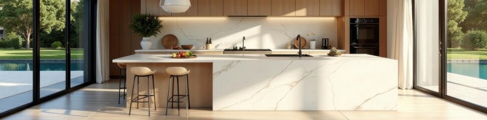 Sun-drenched marble island, luxe Australian kitchen, pantry, quartz, style