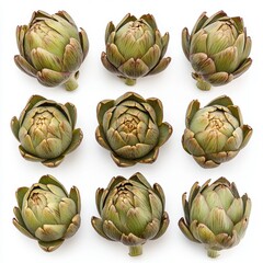 Obraz premium Artistic Still Life of Fresh Green Artichokes on White Background Displaying Culinary Elegance and Natural Beauty in Food Photography