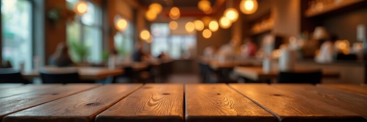 Warm wooden table, bokeh restaurant background, abstract, atmosphere, shadow
