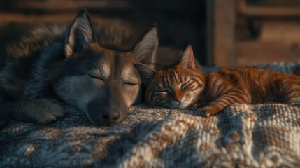 Peaceful slumber: A heartwarming image of a dog and cat napping together on a cozy blanket, bathed in soft, golden light.