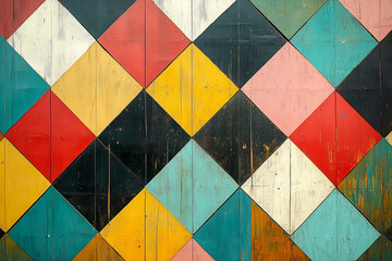 Colorful Diamond Patterned Wooden Panel Wall with an Aged Look and Multicolored Squares in a Vintage Style for Creative Backdrops and Designs