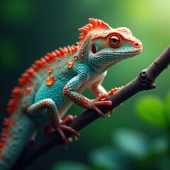 Fototapeta premium Water dragon perched on branch, dew drops visible , Thailand, jungle, macro