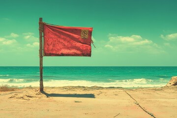On the beach, a red flag warning of danger is posted near a sign that prohibits swimming, as the ocean's waves crash in the background due to treacherous conditions