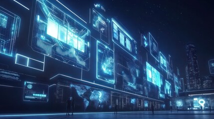 Obraz premium Futuristic Cityscape: Data Streams & Urban Technology