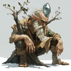 Fototapeta premium Forest Guardian Squatting with Crystal on Head in Woods Fantasy Art Grimace Old Tree Trunk Rocks