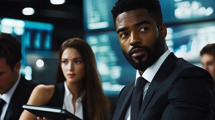 Team of Business Professionals Examining Financial Data on Tablet in High Tech Office