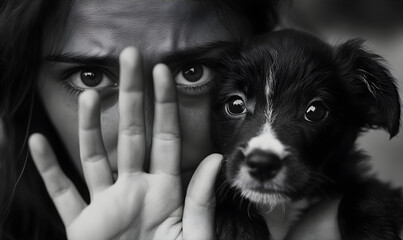 Man protects dog with hand, stop gesture. Cruelty to animal concept. Violence and abuse of animals. Prevention of cruelty to animals. 