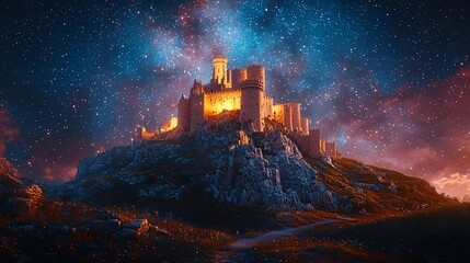 Fototapeta premium Ancient castle on a hill illuminated by orange glow with starry night sky above it