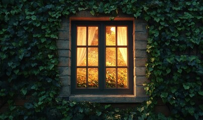 Fototapeta premium Warmly lit window surrounded by ivy-covered walls, evoking a cozy and rustic ambiance during a quiet evening.