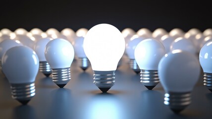 Interconnected Glowing Light Bulbs with One Dominant Idea on Gray to Black Gradient Background